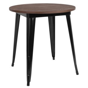 26 Round Black Metal Indoor Table with Walnut Rustic Wood Top