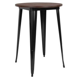 30 Round Black Metal Indoor Bar Height Table with Walnut Rustic Wood Top