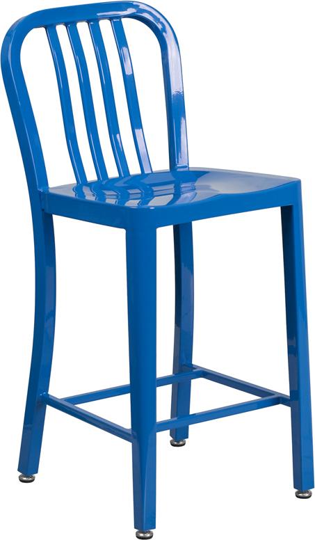 24'' High Blue Metal Indoor-Outdoor Counter Height Stool with Vertical Slat Back - CH-61200-24-BL-GG