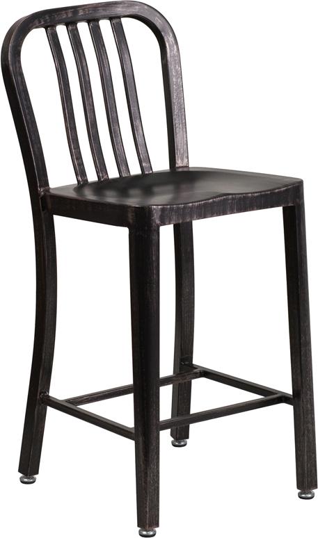 24'' High Black-Antique Gold Metal Indoor-Outdoor Counter Height Stool with Vertical Slat Back - CH-61200-24-BQ-GG