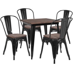 31.5 Square Black Metal Table Set with Wood Top and 4 Stack Chairs