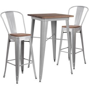 23.5 Square Silver Metal Bar Table Set with Wood Top and 2 Stools