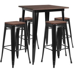 31.5 Square Black Metal Bar Table Set with Wood Top and 4 Backless Stools