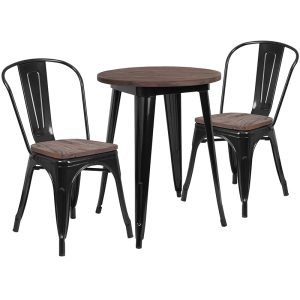 24 Round Black Metal Table Set with Wood Top and 2 Stack Chairs