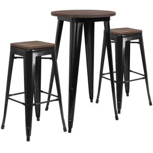 24 Round Black Metal Bar Table Set with Wood Top and 2 Backless Stools