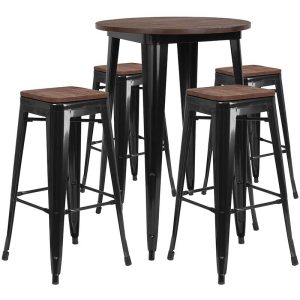 30 Round Black Metal Bar Table Set with Wood Top and 4 Backless Stools