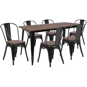 30.25 x 60 Black Metal Table Set with Wood Top and 6 Stack Chairs