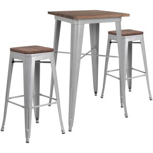 23.5 Square Silver Metal Bar Table Set with Wood Top and 2 Backless Stools