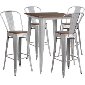 31.5 Square Silver Metal Bar Table Set with Wood Top and 4 Stools