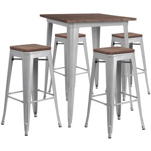 31.5 Square Silver Metal Bar Table Set with Wood Top and 4 Backless Stools