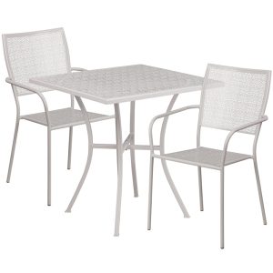 28'' Square Light Gray Indoor-Outdoor Steel Patio Table Set with 2 Square Back Chairs - CO-28SQ-02CHR2-SIL-GG