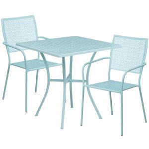 28'' Square Sky Blue Indoor-Outdoor Steel Patio Table Set with 2 Square Back Chairs - CO-28SQ-02CHR2-SKY-GG