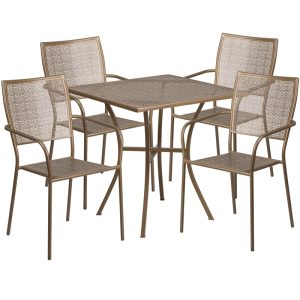 28'' Square Gold Indoor-Outdoor Steel Patio Table Set with 4 Square Back Chairs - CO-28SQ-02CHR4-GD-GG