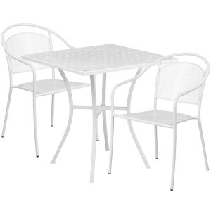 28'' Square White Indoor-Outdoor Steel Patio Table Set with 2 Round Back Chairs - CO-28SQ-03CHR2-WH-GG