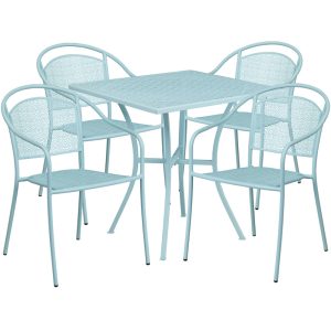 28'' Square Sky Blue Indoor-Outdoor Steel Patio Table Set with 4 Round Back Chairs - CO-28SQ-03CHR4-SKY-GG