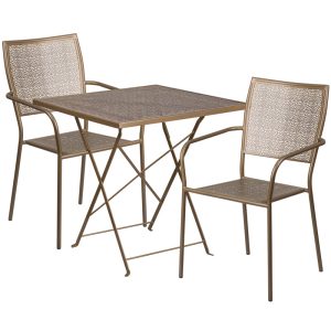 28'' Square Gold Indoor-Outdoor Steel Folding Patio Table Set with 2 Square Back Chairs - CO-28SQF-02CHR2-GD-GG