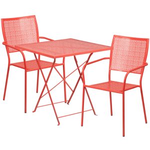 28'' Square Coral Indoor-Outdoor Steel Folding Patio Table Set with 2 Square Back Chairs - CO-28SQF-02CHR2-RED-GG