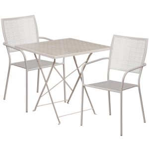 28'' Square Light Gray Indoor-Outdoor Steel Folding Patio Table Set with 2 Square Back Chairs - CO-28SQF-02CHR2-SIL-GG