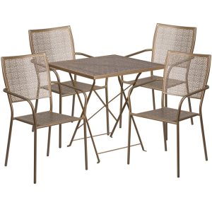 28'' Square Gold Indoor-Outdoor Steel Folding Patio Table Set with 4 Square Back Chairs - CO-28SQF-02CHR4-GD-GG