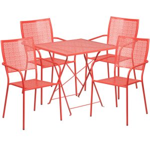 28'' Square Coral Indoor-Outdoor Steel Folding Patio Table Set with 4 Square Back Chairs - CO-28SQF-02CHR4-RED-GG