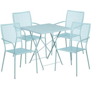 28'' Square Sky Blue Indoor-Outdoor Steel Folding Patio Table Set with 4 Square Back Chairs - CO-28SQF-02CHR4-SKY-GG