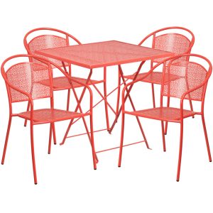 28'' Square Coral Indoor-Outdoor Steel Folding Patio Table Set with 4 Round Back Chairs - CO-28SQF-03CHR4-RED-GG