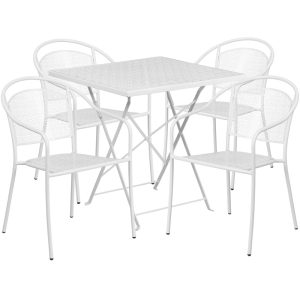 28'' Square White Indoor-Outdoor Steel Folding Patio Table Set with 4 Round Back Chairs - CO-28SQF-03CHR4-WH-GG