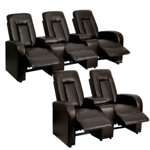 Flash Furniture Eclipse Series 3-Seat and 2-seat Reclining Brown Leather Theater Seating Unit with Cup Holders