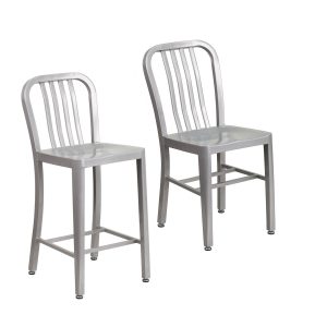 Flash Furniture Silver Metal Indoor-Outdoor Chair with 24'' High Silver Metal Indoor-Outdoor Counter Height Stool with Vertical Slat Back.