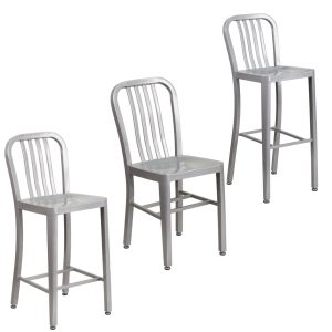 Flash Furniture Silver Metal Indoor-Outdoor Chair with High Silver Metal Indoor-Outdoor Counter Height Stool and Barstool with Vertical Slat Back.