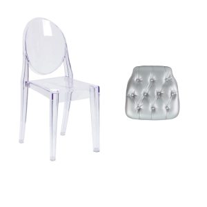 Flash Furniture Ghost Side Chair in Transparent Crystal with Hard Silver Tufted Vinyl Chiavari Chair Cushion
