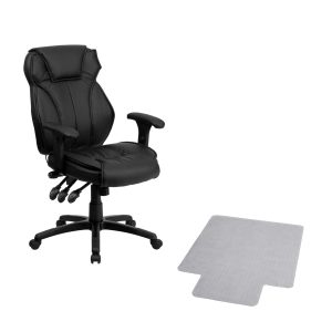 Flash Furniture Offex High Back Black Leather Executive Office Chair with Triple Paddle Control and Carpet Chair Mat with Lip