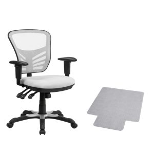 Flash Furniture Mid-Back White Mesh Multifunction Executive Swivel Chair with Adjustable Arms and Carpet Chair Mat with Lip