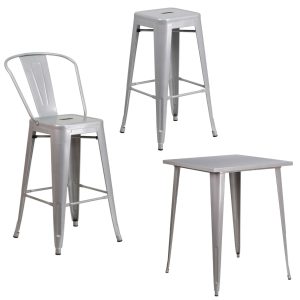 Flash Furniture Silver Metal Indoor-Outdoor 30'' High Barstool with Back, Backless Barstool with Square Seat and 31.5'' Square Bar Height Table