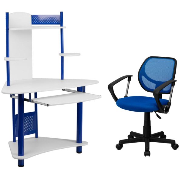 Flash Furniture Mid-Back Blue Mesh Swivel Task Chair with Arms and Blue Corner Computer Desk with Hutch