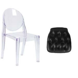 Flash Furniture Ghost Side Chair in Transparent Crystal with Hard Black Tufted Vinyl Chiavari Chair Cushion