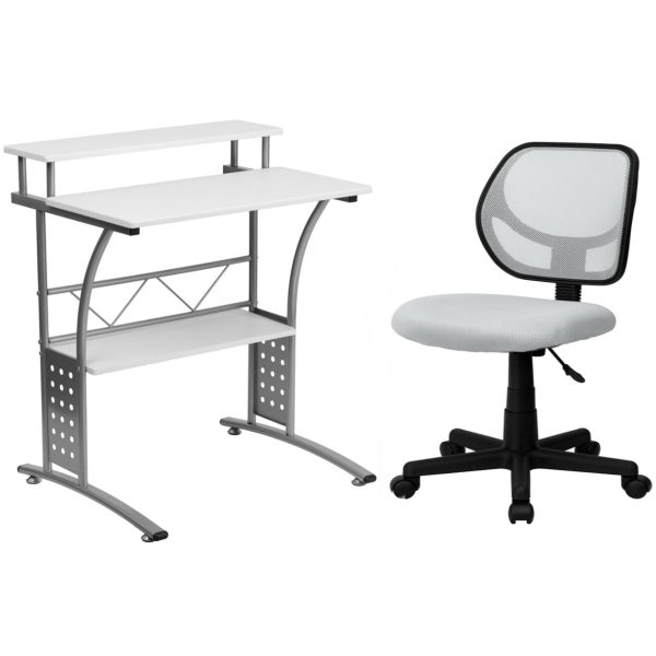 Flash Furniture Mid-Back White Mesh Swivel Task Chair and Clifton White Computer Desk