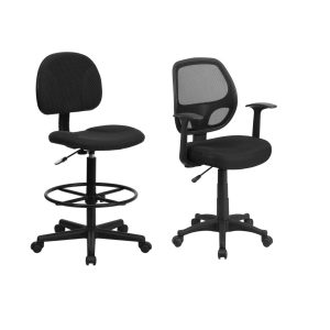 Flash Furniture Black Patterned Fabric Drafting Chair and Mid-Back Black Mesh Swivel Task Chair with Arms