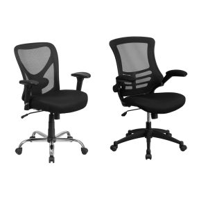 Flash Furniture HERCULES Black Mesh Swivel Task Chair with Height Adjustable Back & Arms and Mid-Back Black Mesh Swivel Task Chair with Flip-Up Arms