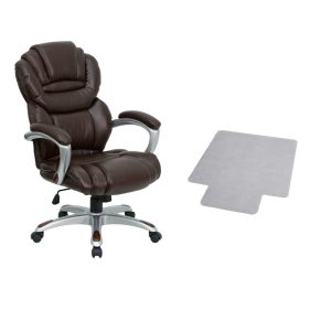 Flash Furniture High Back Brown Leather Executive Swivel Chair with Arms and Carpet Chair Mat with Lip