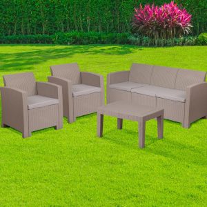 4 Piece Outdoor Faux Rattan Chair, Sofa and Table Set in Charcoal