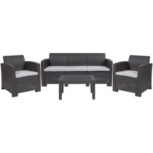 4 Piece Outdoor Faux Rattan Chair, Sofa and Table Set in Dark Gray