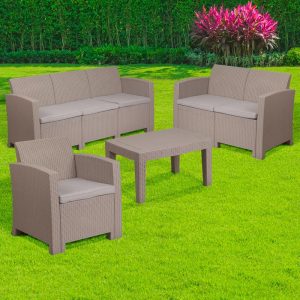 4 Piece Outdoor Faux Rattan Chair, Loveseat, Sofa and Table Set in Charcoal