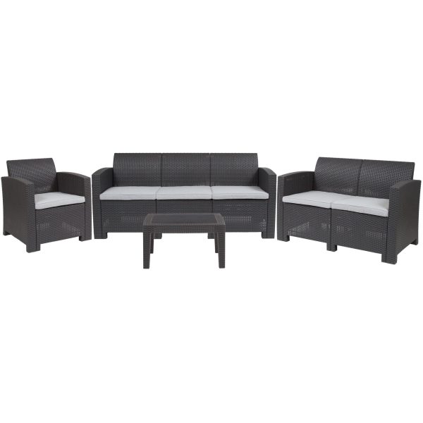 4 Piece Outdoor Faux Rattan Chair, Loveseat, Sofa and Table Set in Dark Gray