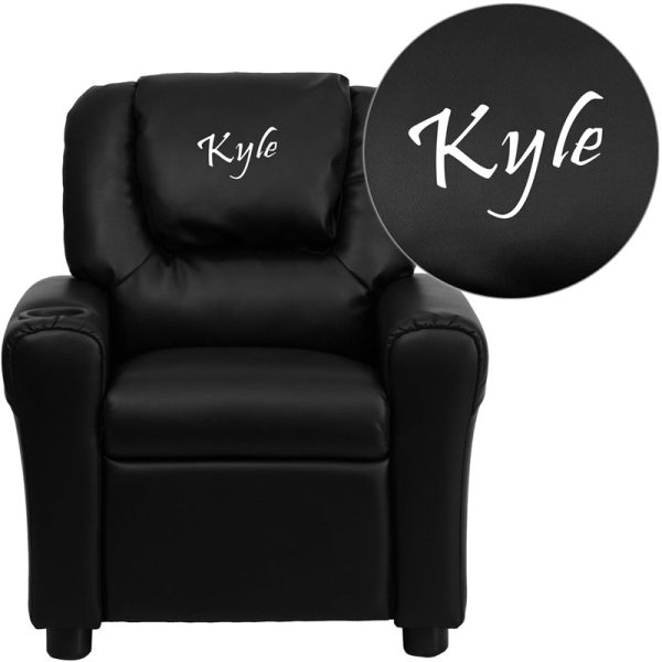 Personalized Black Leather Kids Recliner with Cup Holder and Headrest - DG-ULT-KID-BK-TXTEMB-GG