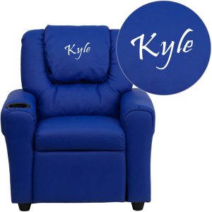 Personalized Blue Vinyl Kids Recliner with Cup Holder and Headrest - DG-ULT-KID-BLUE-TXTEMB-GG