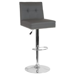 Ravello Contemporary Adjustable Height Barstool with Accent Nail Trim in Gray Leather