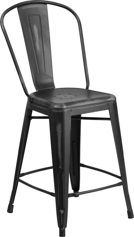 24'' High Distressed Black Metal Indoor-Outdoor Counter Height Stool with Back - ET-3534-24-BK-GG
