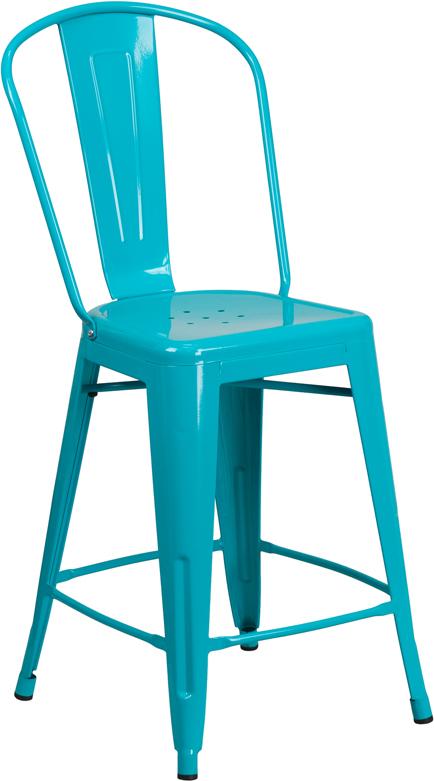 24'' High Crystal Teal-Blue Metal Indoor-Outdoor Counter Height Stool with Back - ET-3534-24-CB-GG