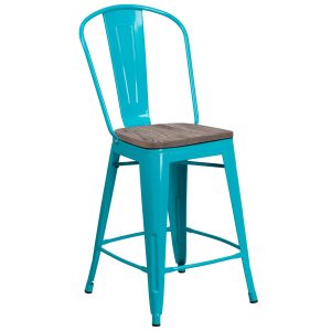 24 High Crystal Teal-Blue Metal Counter Height Stool with Back and Wood Seat